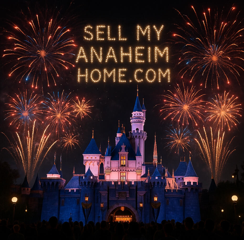 A spectacular nighttime view of fireworks bursting over Disneyland’s Sleeping Beauty Castle in Anaheim, California, with the words “SellMyAnaheimHome.com” spelled out in sparkling lights across the night sky — a bold and creative real estate marketing disp